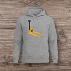 Gray hoodie with a yellow and black pallet jack design on a wooden surface