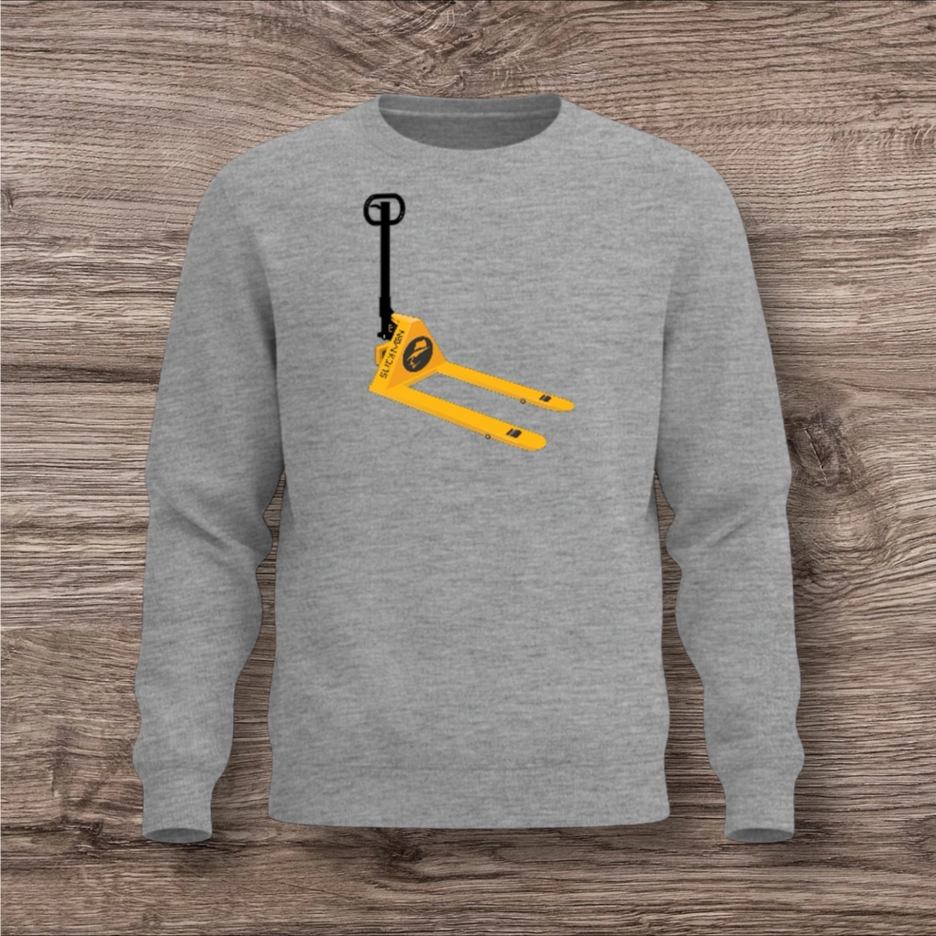 Gray sweatshirt with a yellow and black pallet jack design on a wooden surface