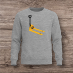 Gray sweatshirt with a yellow and black pallet jack design on a wooden surface