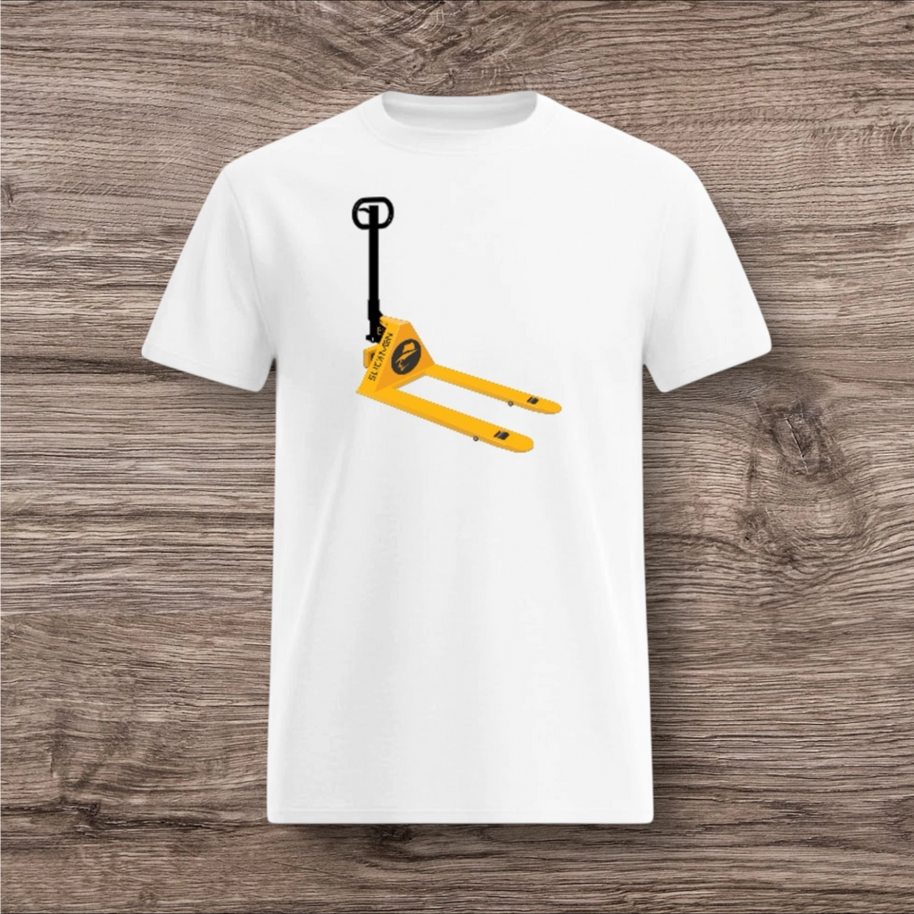 White t-shirt with a yellow and black pallet jack design on a wooden surface