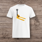 White t-shirt with a yellow and black pallet jack design on a wooden surface
