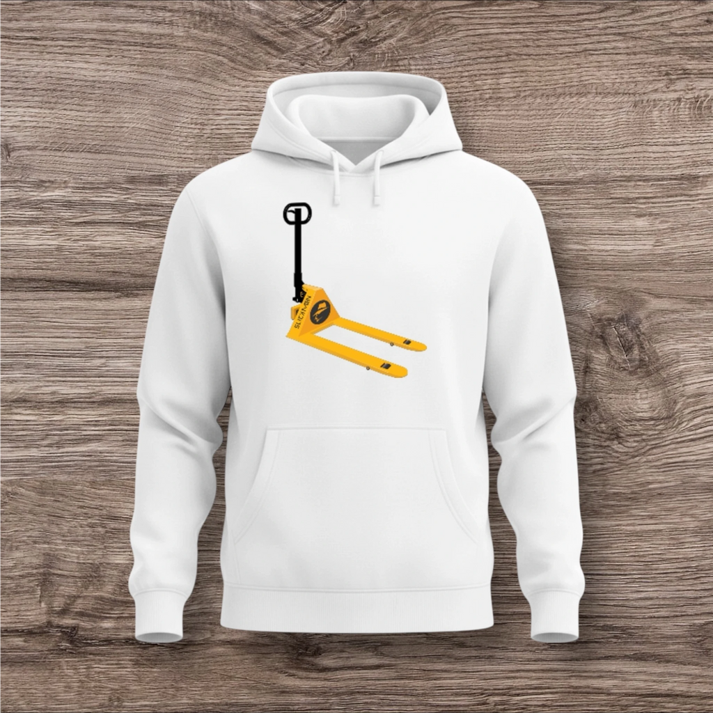 White hoodie with a yellow and black pallet jack design on a wooden surface