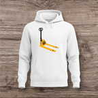 White hoodie with a yellow and black pallet jack design on a wooden surface