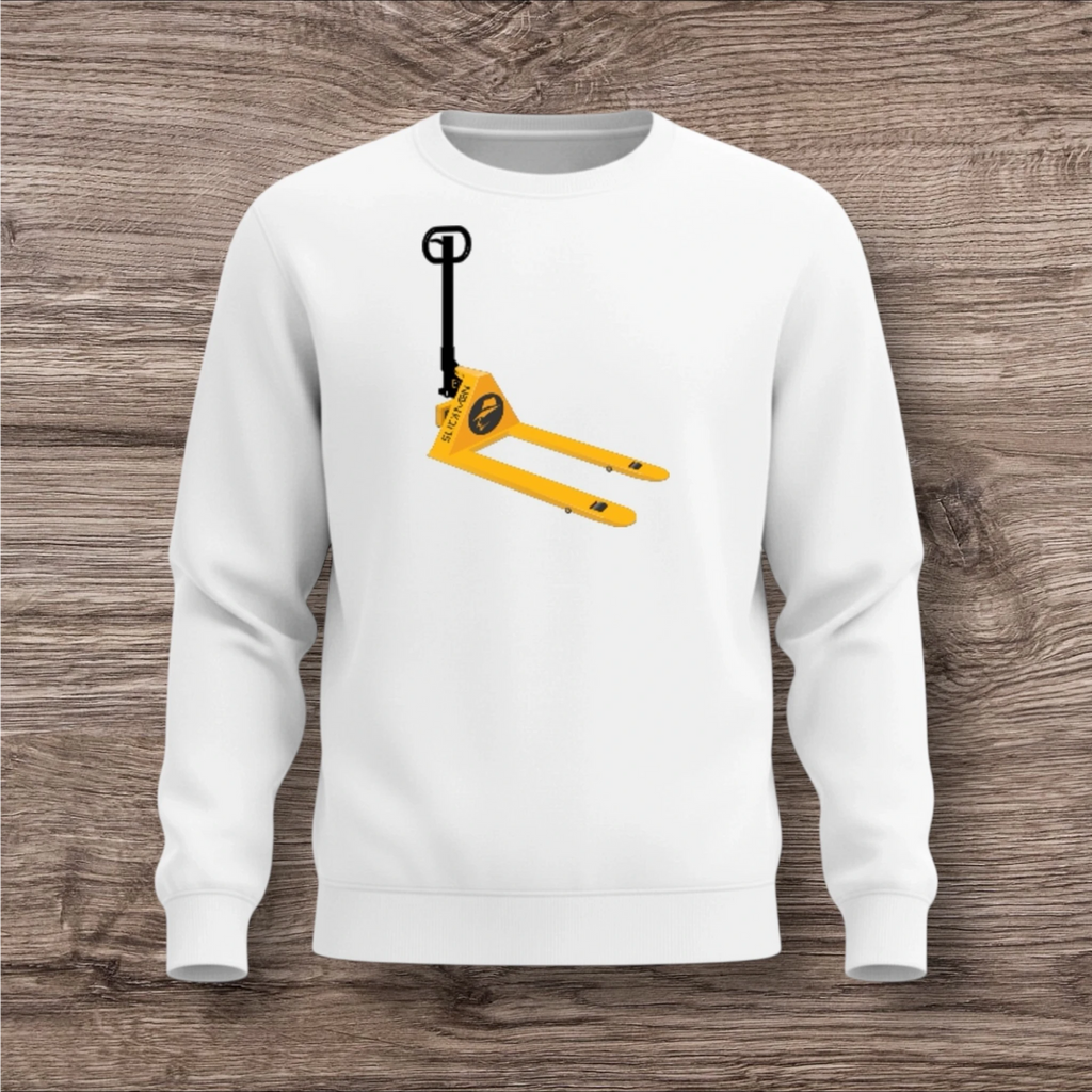 White sweatshirt with a yellow and black pallet jack design on a wooden surface