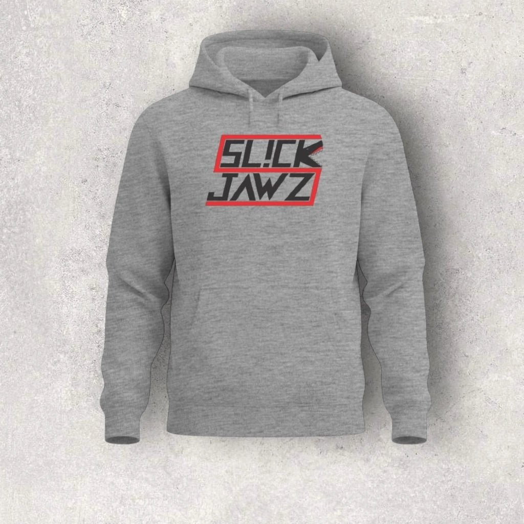 Gray hoodie with 'Slick Jawz' logo on a light gray background