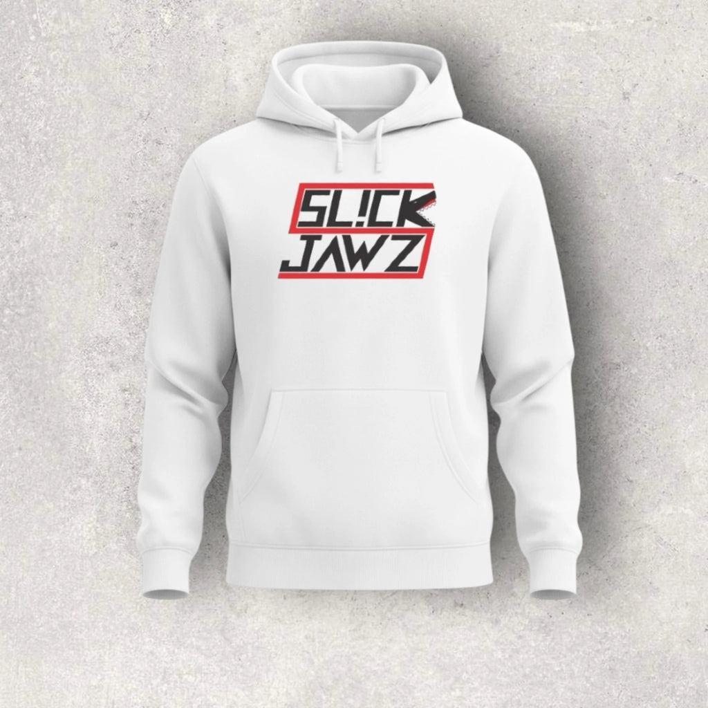 White hoodie with 'SLICK JAWZ' text on a gray background