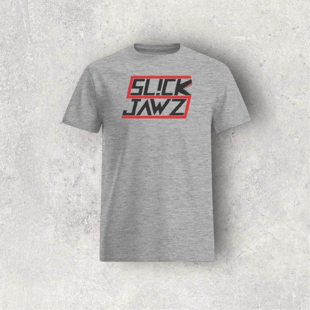 Gray t-shirt with 'SLICK JAWZ' logo on a textured gray background