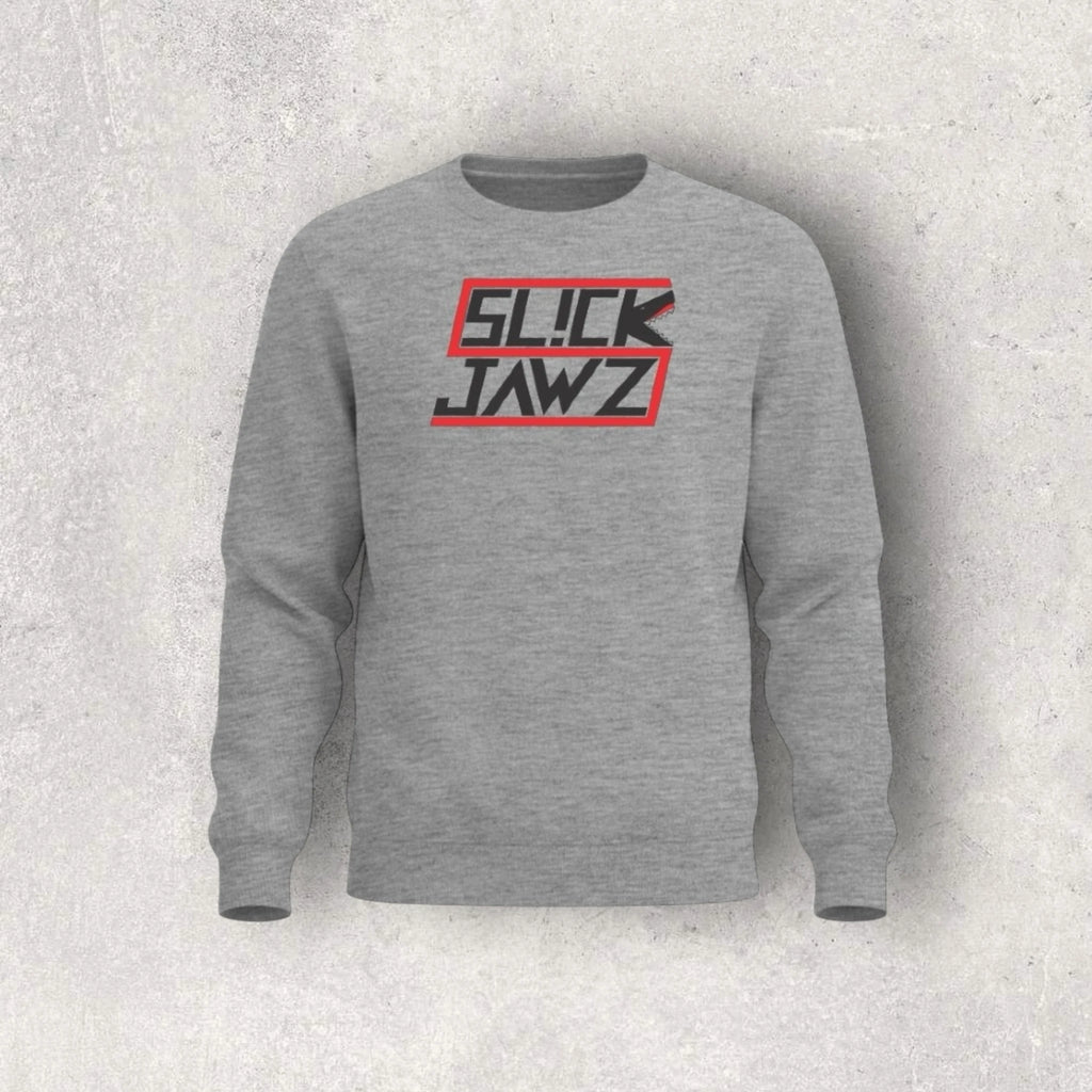 Gray sweatshirt with 'Slick Jawz' logo on a textured gray background
