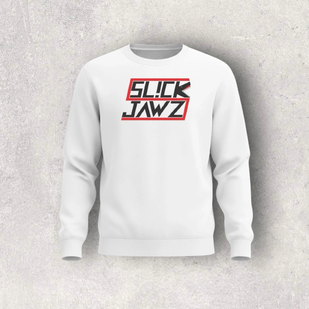 White sweatshirt with 'SLICK JAWZ' text on a textured gray background