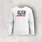 White sweatshirt with 'SLICK JAWZ' text on a textured gray background