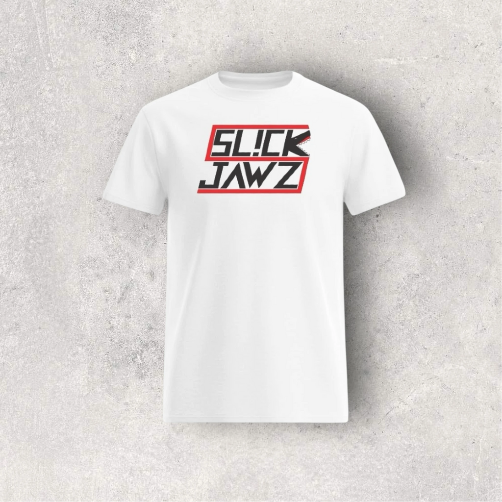 White t-shirt with 'SLICK JAWZ' text on a gray textured background