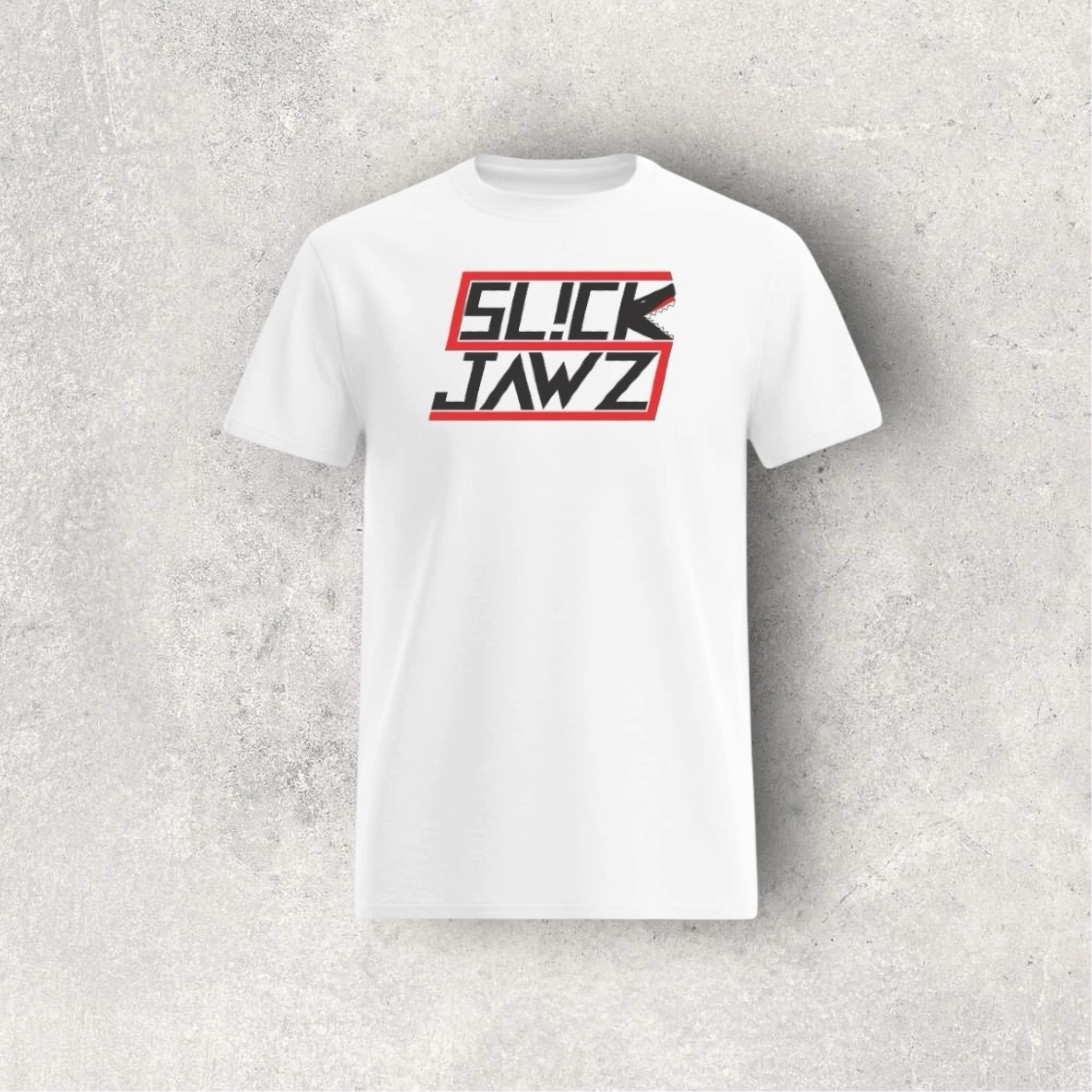 White t-shirt with 'SLICK JAWZ' text on a gray textured background