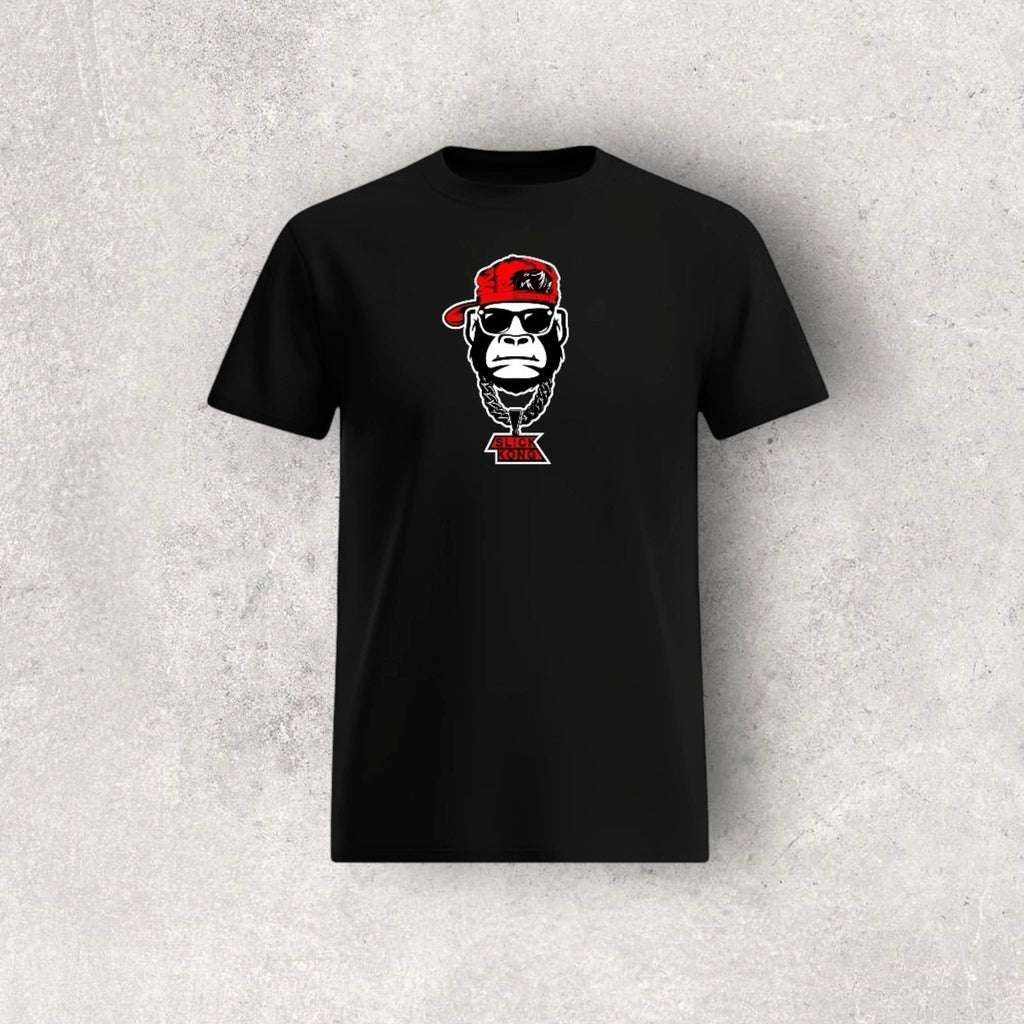 Black t-shirt with a graphic of a monkey wearing sunglasses and a red cap on a textured gray background
