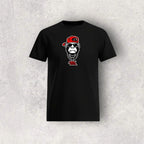 Black t-shirt with a graphic of a monkey wearing sunglasses and a red cap on a textured gray background