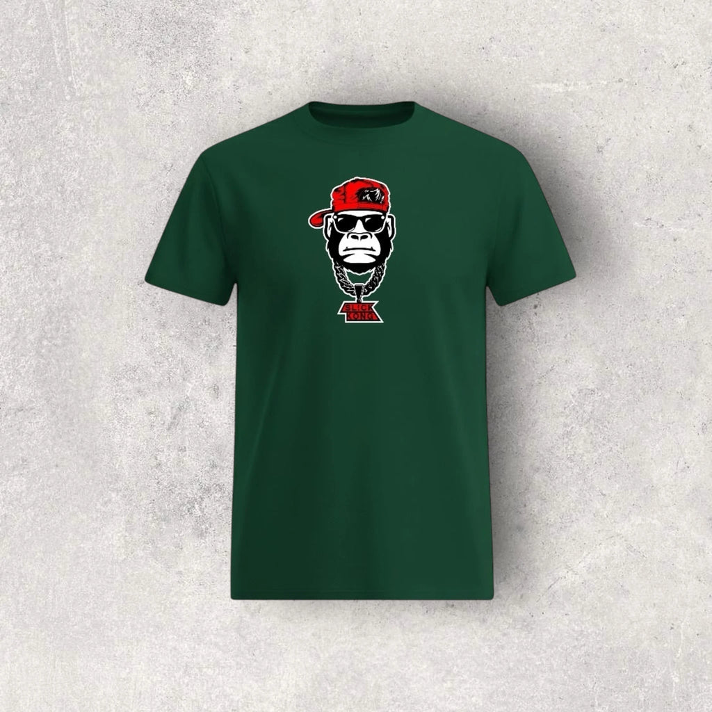 Green t-shirt with a graphic of a monkey wearing a red cap and sunglasses on a textured gray background