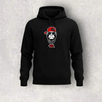 Black hoodie with a graphic of a monkey wearing a red cap and sunglasses on a light gray background