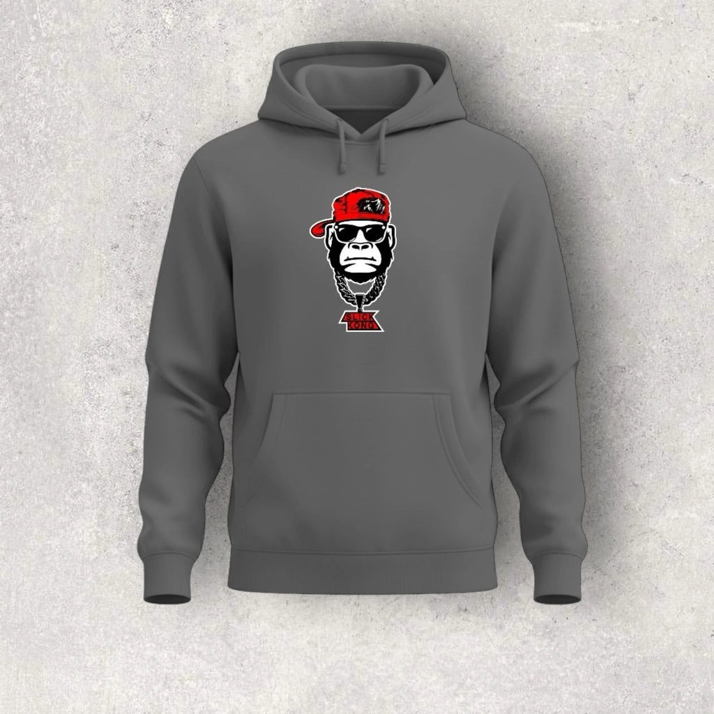 Gray hoodie with a graphic of a monkey wearing sunglasses and a red cap on a textured gray background