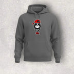 Gray hoodie with a graphic of a monkey wearing sunglasses and a red cap on a textured gray background