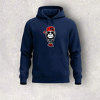 Navy blue hoodie with a graphic of a monkey wearing a red cap and sunglasses on a light gray background