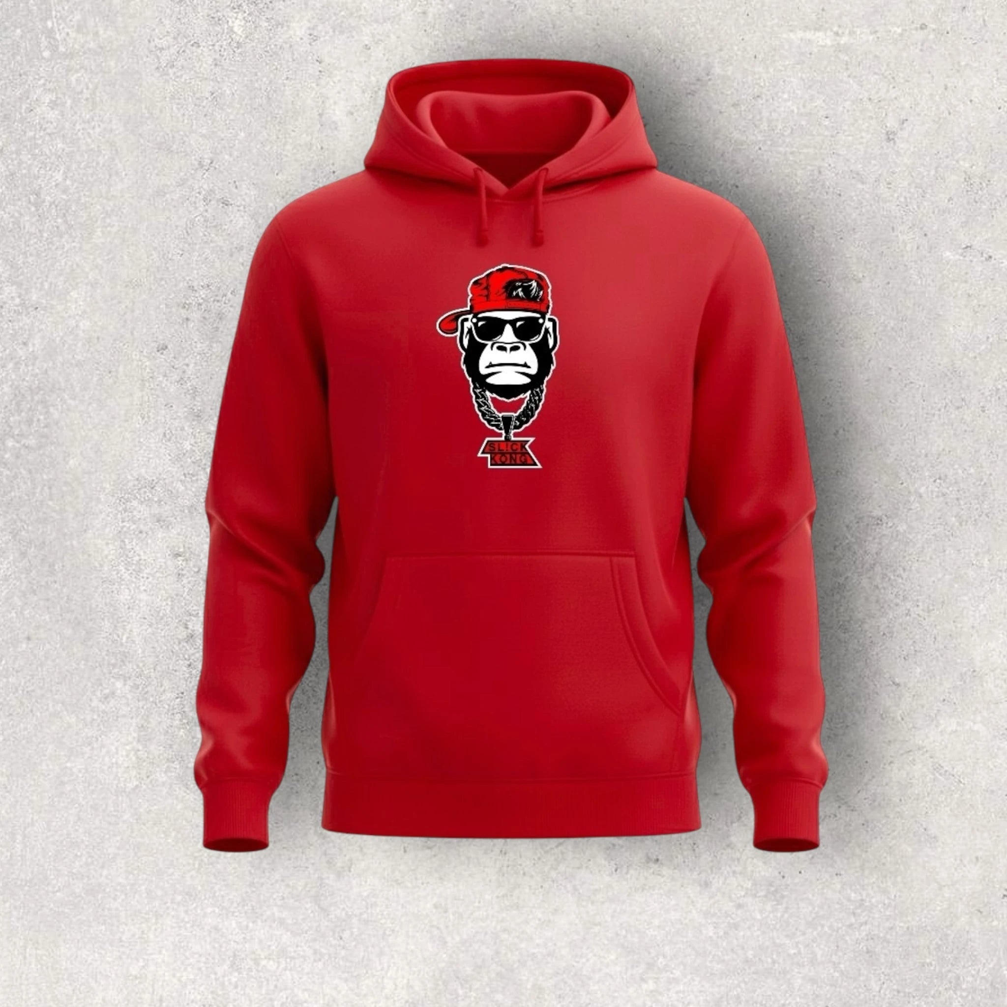 Red hoodie with a graphic design of a monkey wearing sunglasses on a gray background