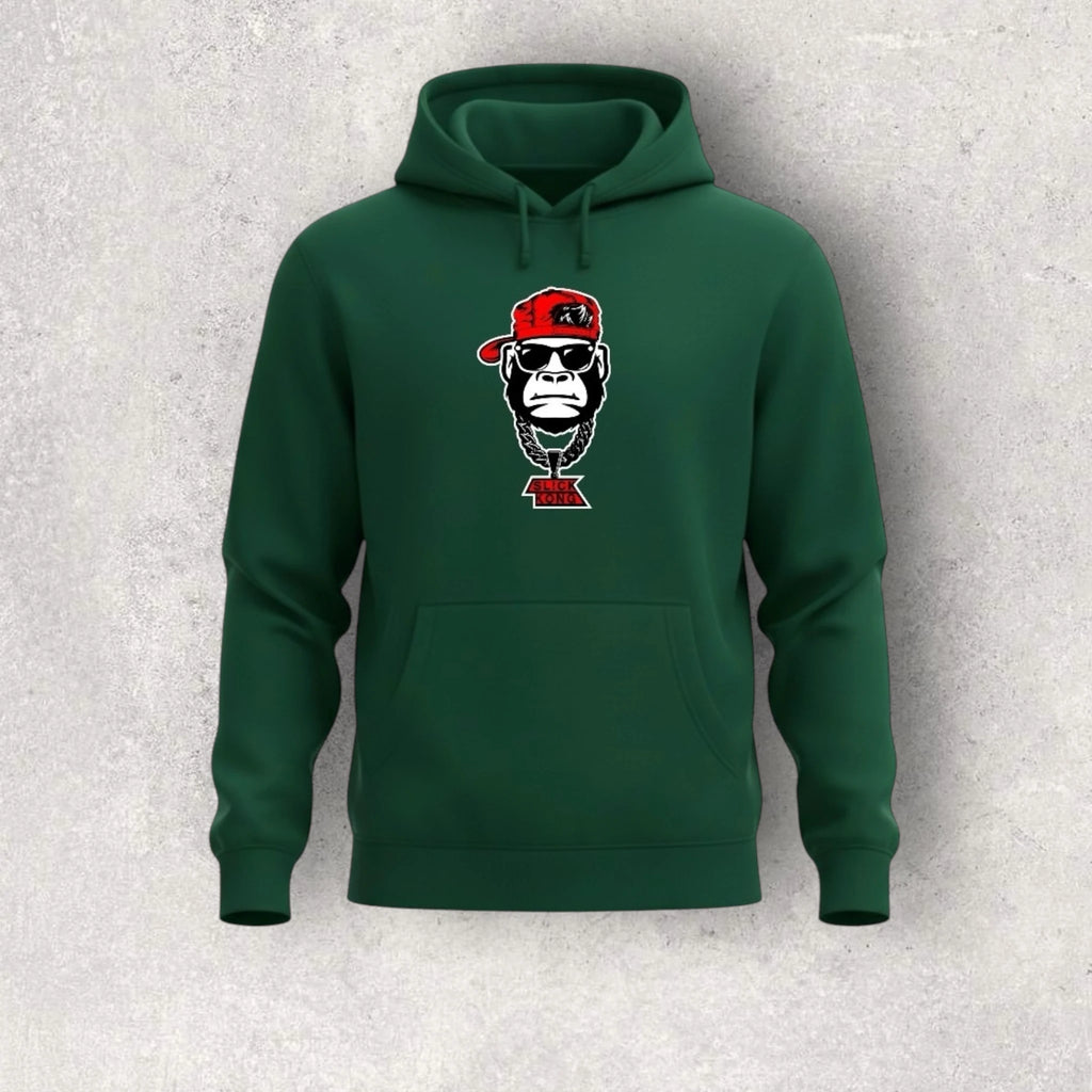 Green hoodie with a graphic design of a monkey wearing sunglasses and a red cap on a gray background
