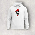 White hoodie with a graphic of a monkey wearing sunglasses and a red cap on a textured gray background