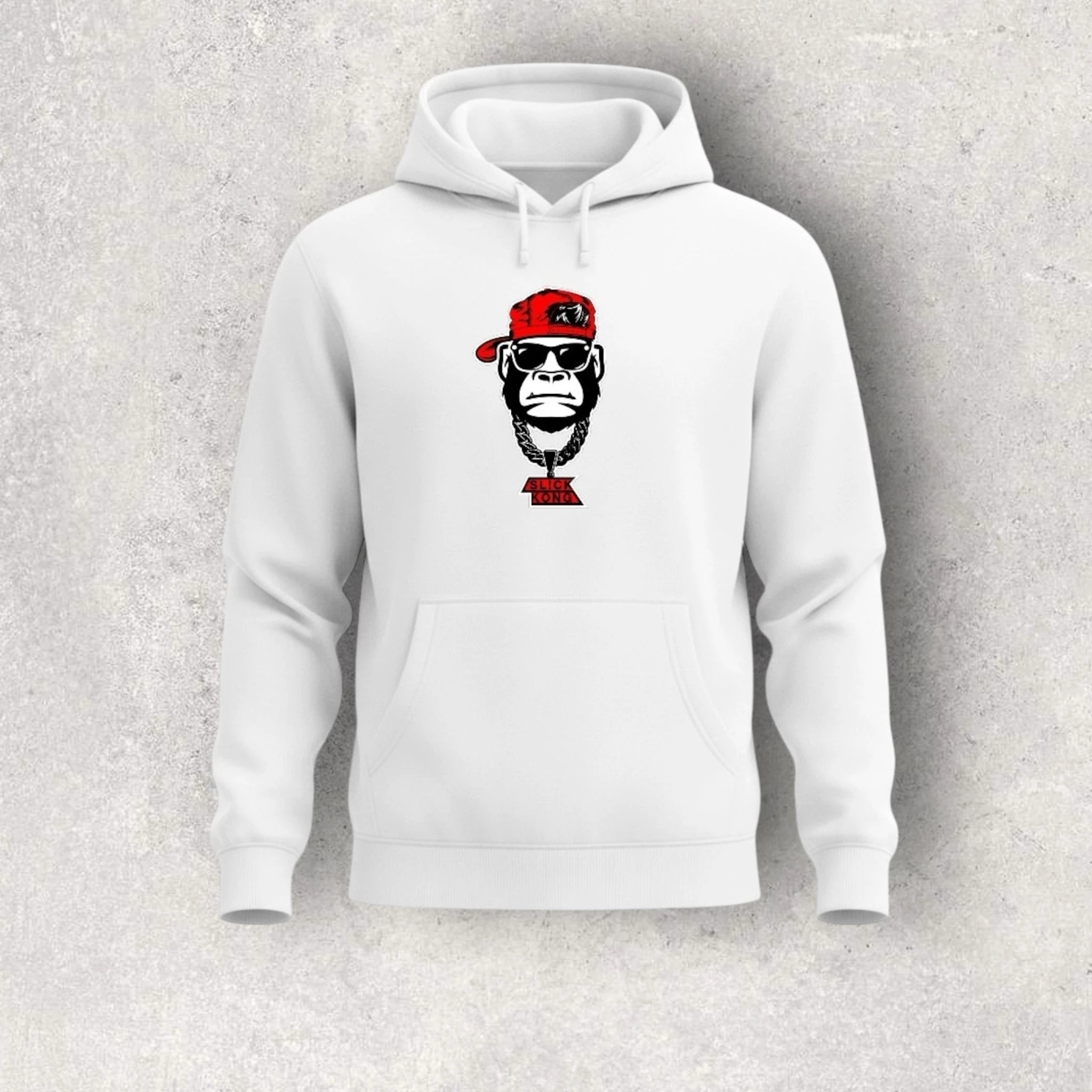 White hoodie with a graphic of a monkey wearing sunglasses and a red cap on a textured gray background
