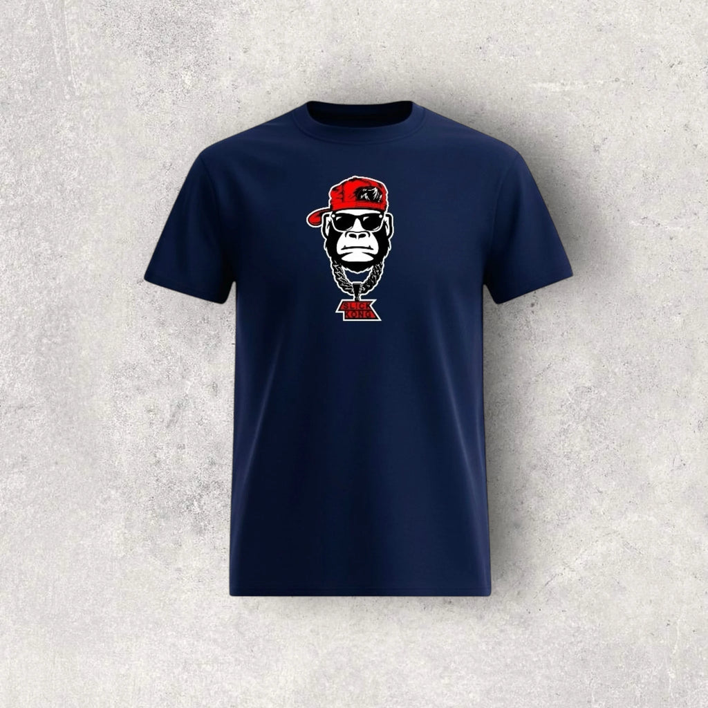 Navy t-shirt with a graphic of a monkey wearing sunglasses and a red cap on a textured gray background