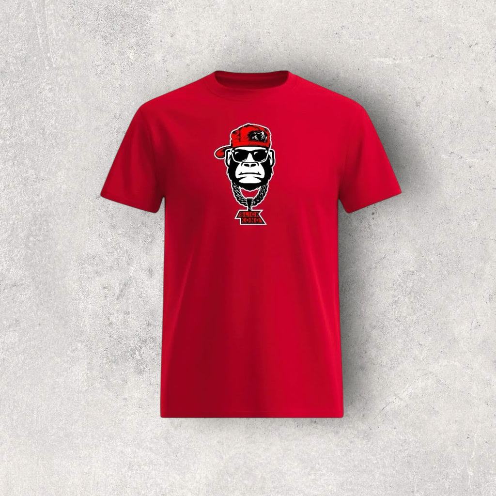Red t-shirt with a graphic design of a monkey wearing sunglasses and a cap on a red background