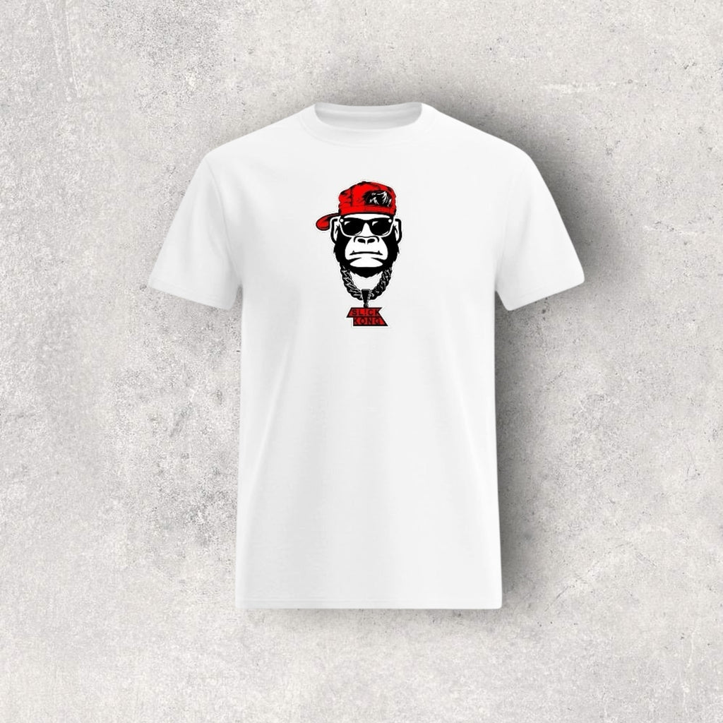 White t-shirt with a graphic of a monkey wearing sunglasses and a red cap on a white background