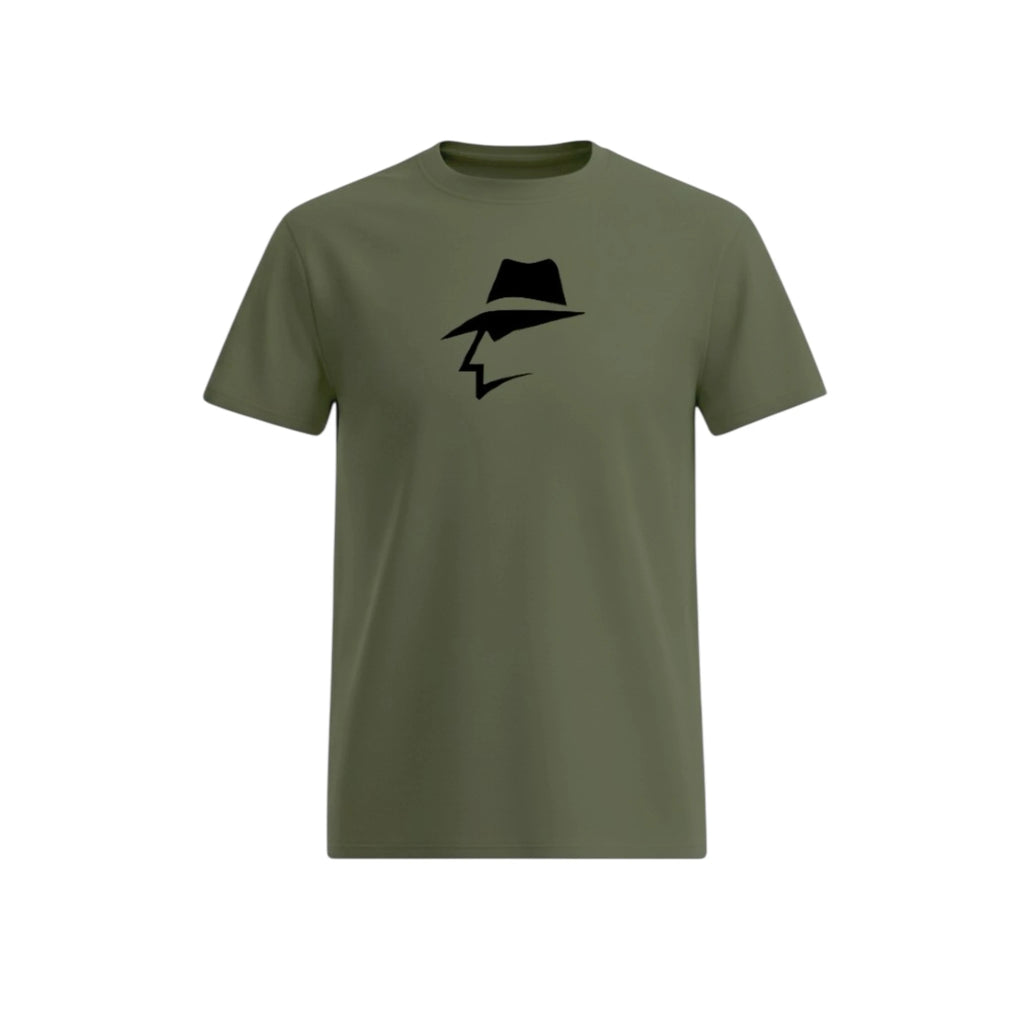 Army green t-shirt with a black head logo on a white background