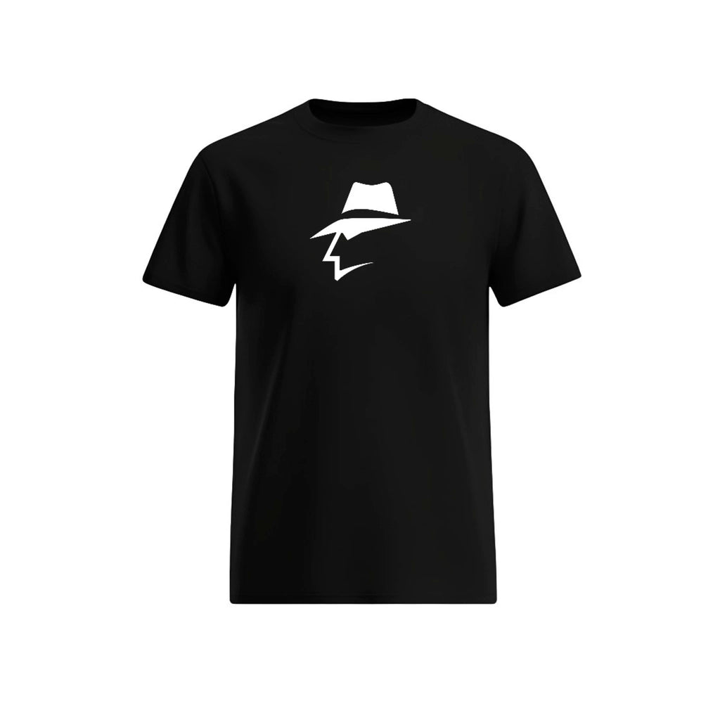 Black t-shirt with a white head logo on a white background