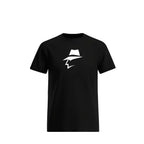 Black t-shirt with a white head logo on a white background