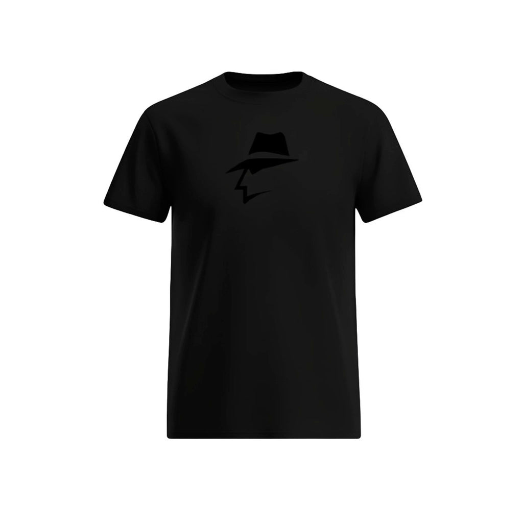 Black t-shirt with a head logo on a white background