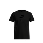 Black t-shirt with a head logo on a white background