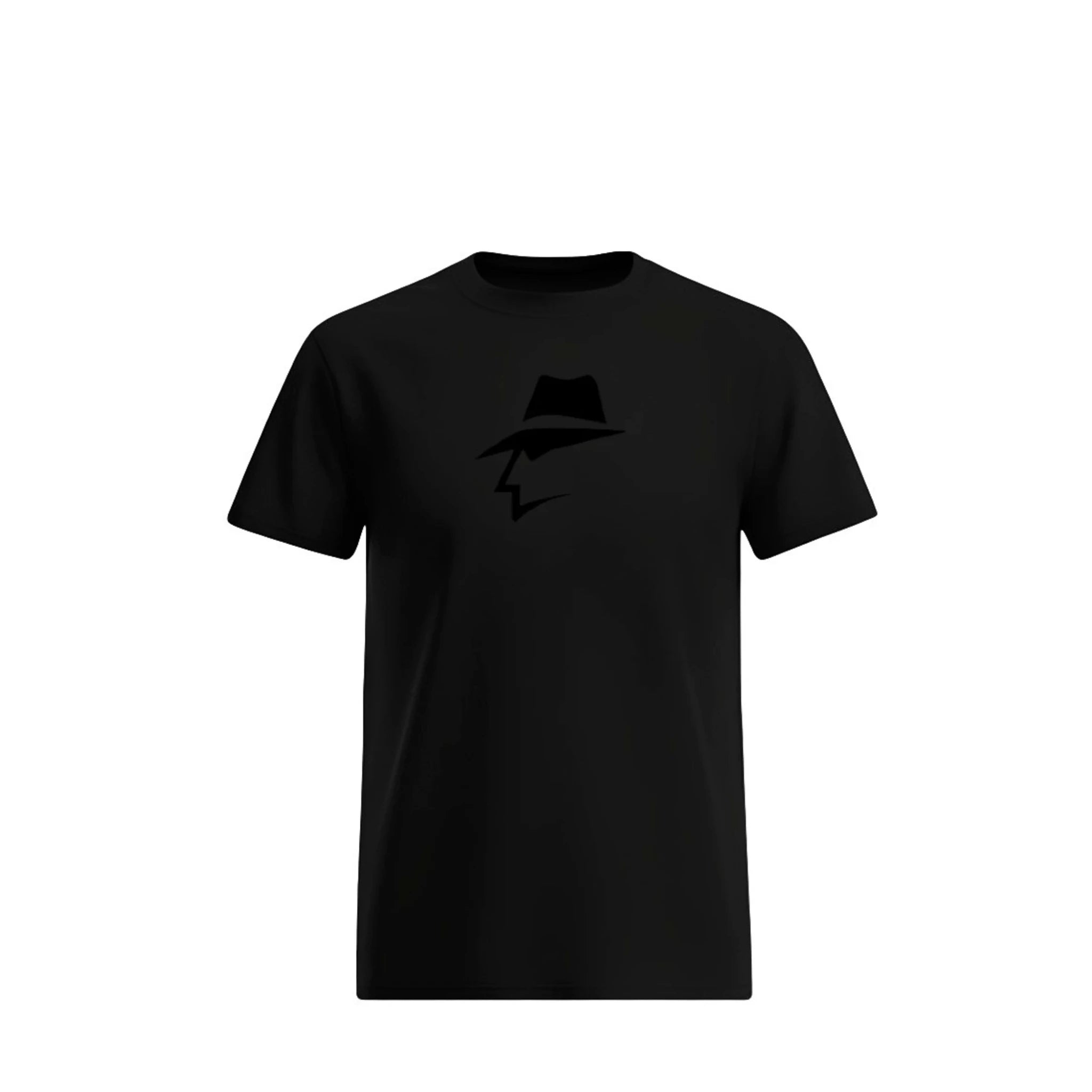 Black t-shirt with a head logo on a white background