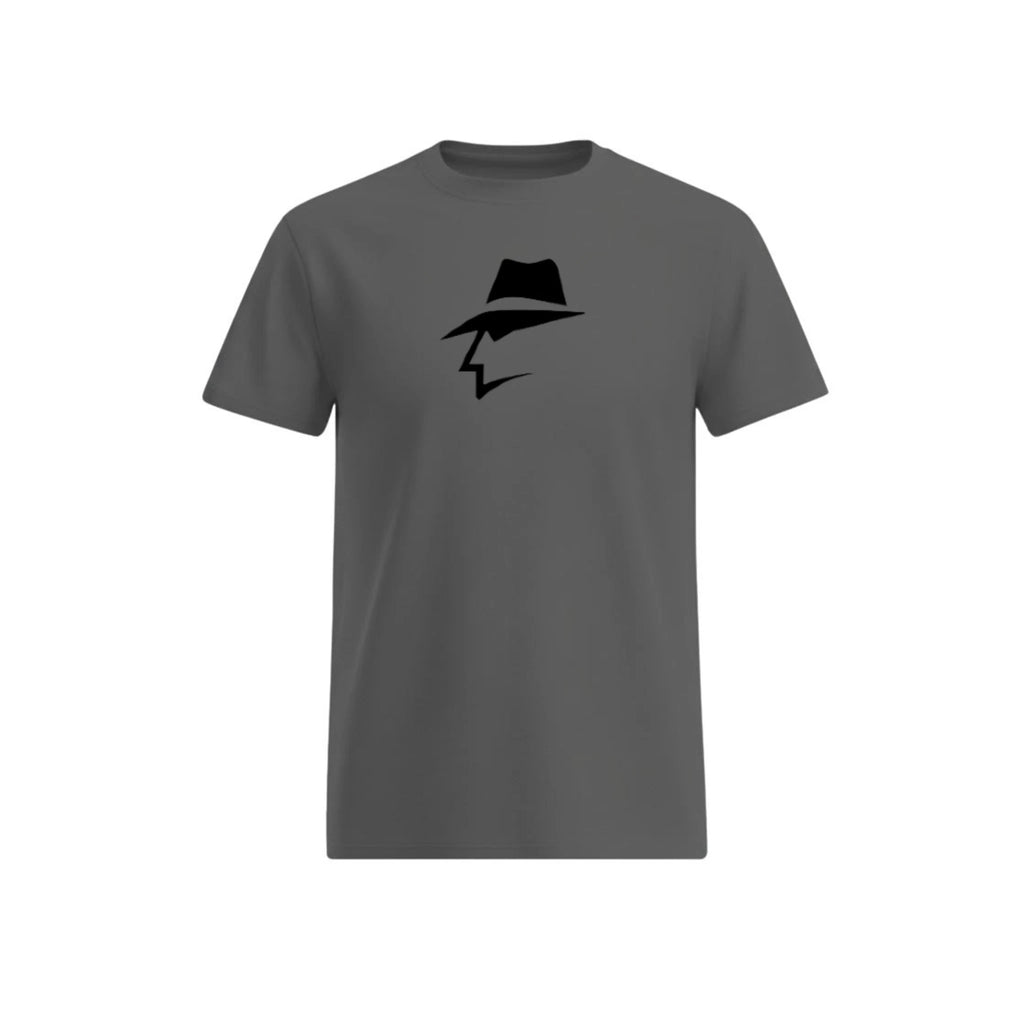 Gray t-shirt with a black head logo on a white background