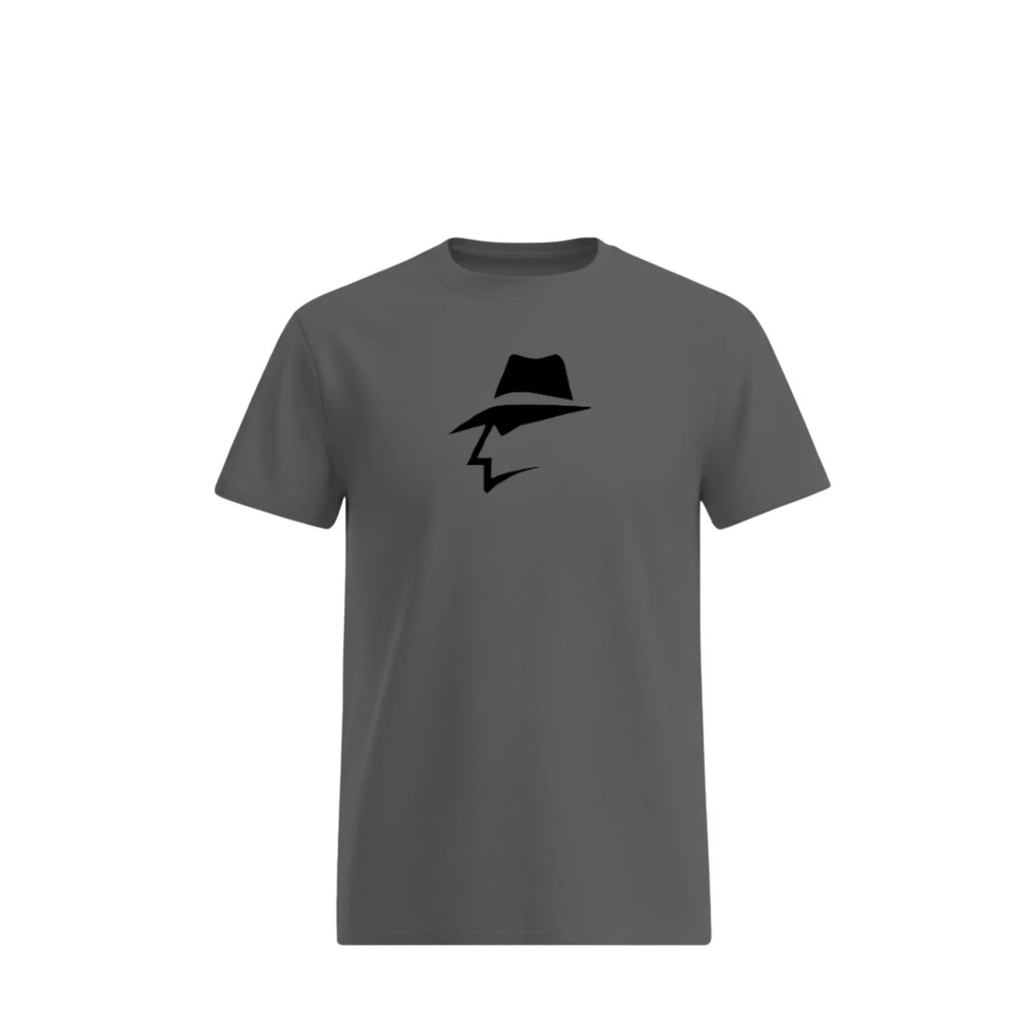 Gray t-shirt with a head logo on a white background