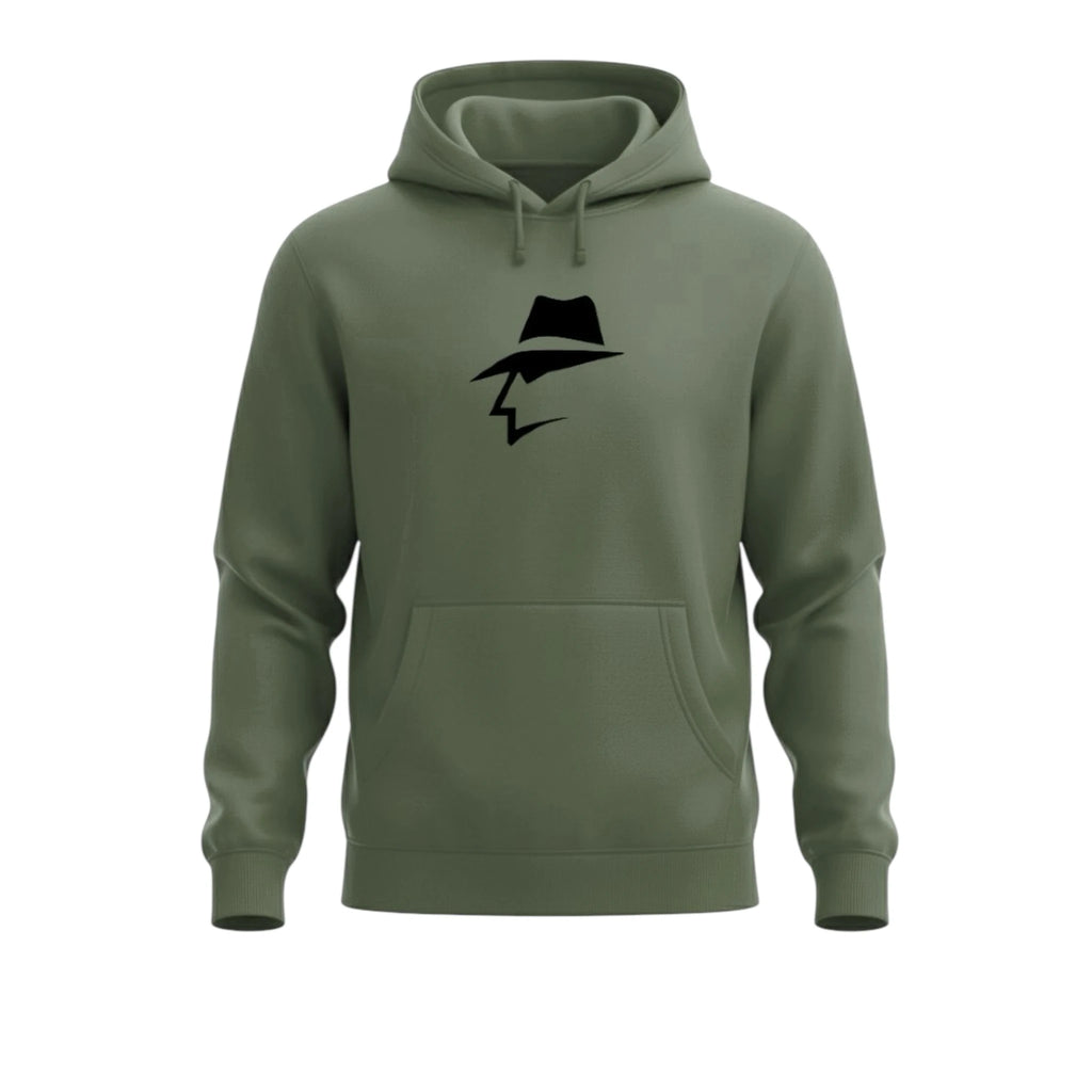 Army green hoodie with a black head logo on a white background