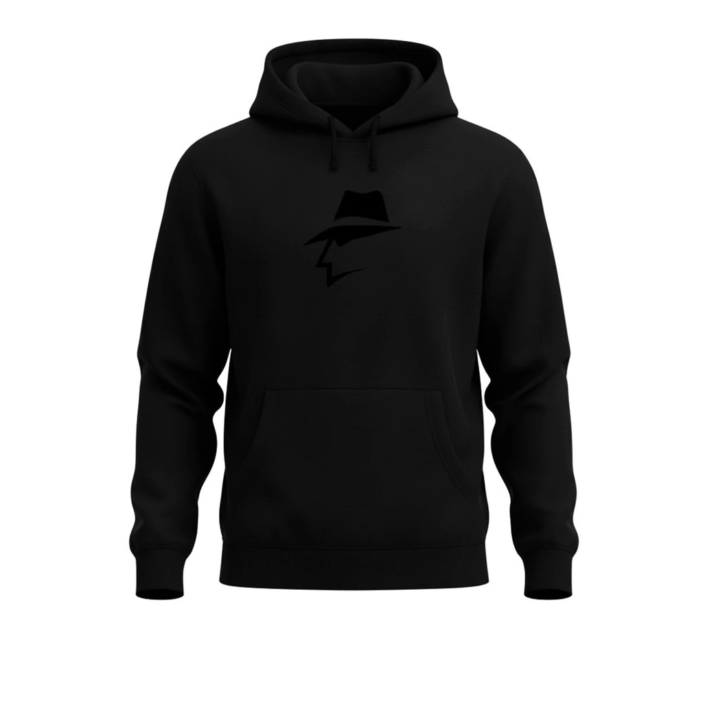 Black hoodie with a black head logo on a white background
