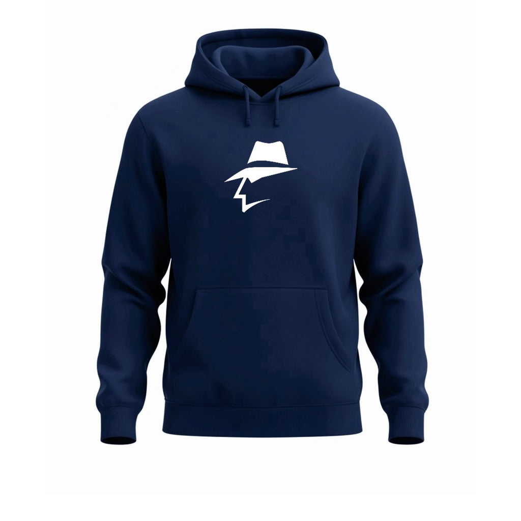 Navy blue hoodie with a white head logo on a white background