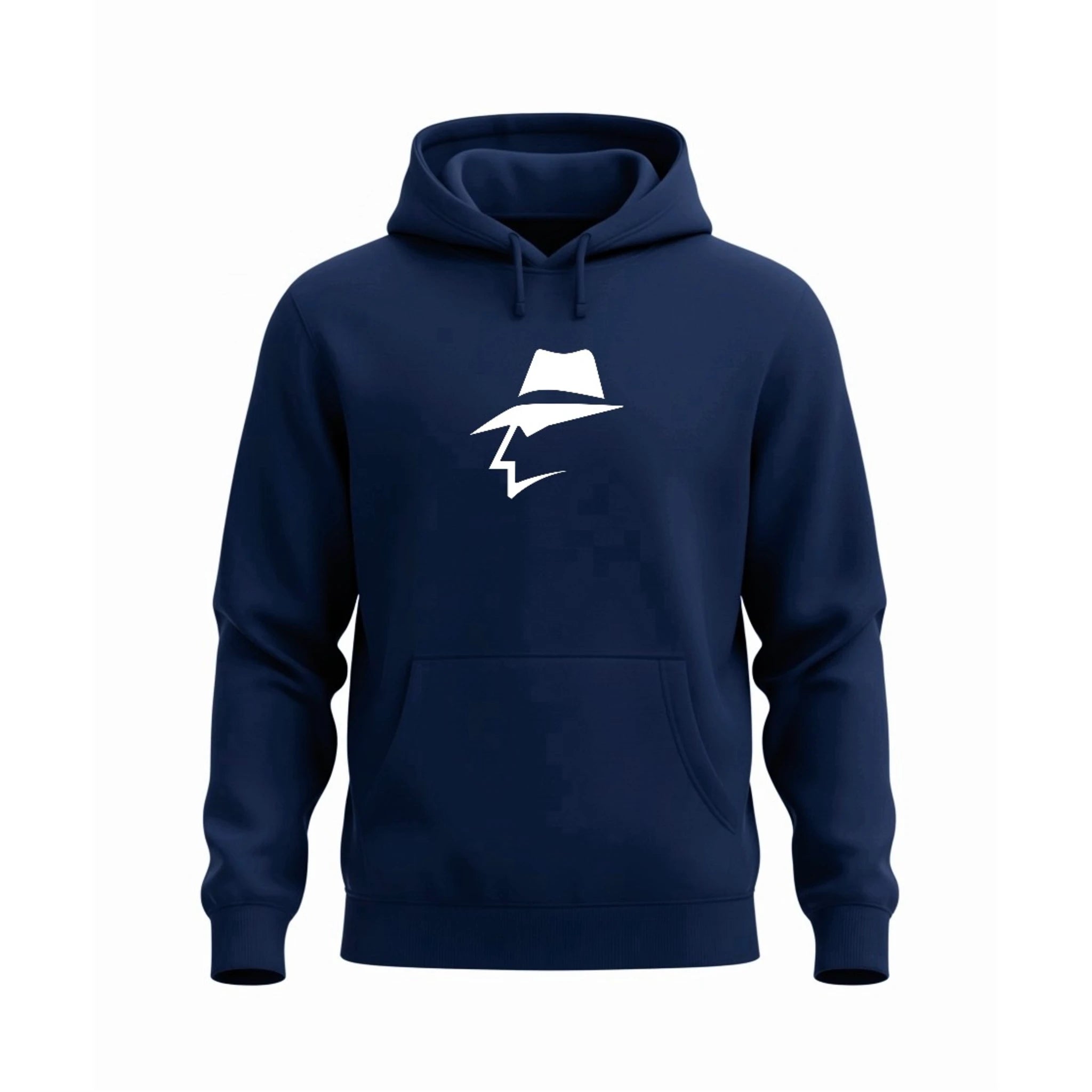 Navy blue hoodie with a head logo on a white background