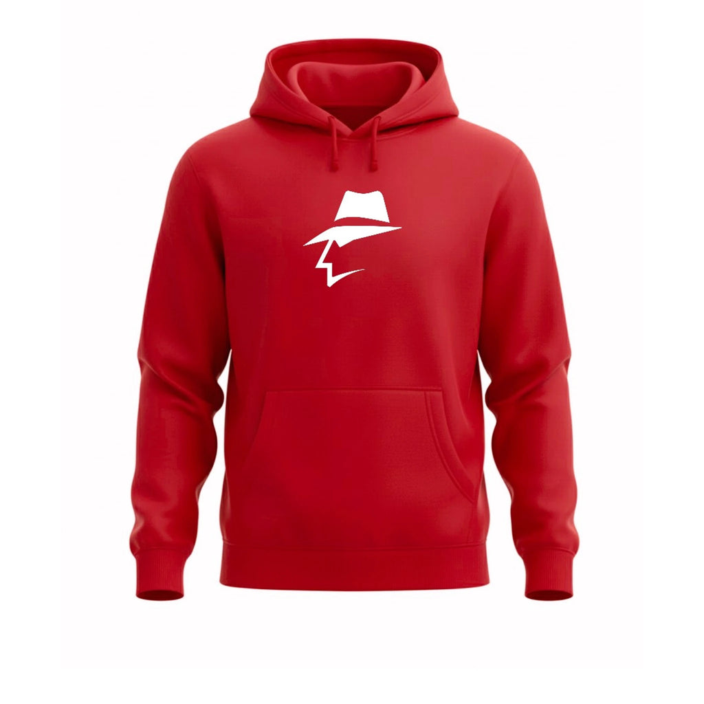 Red hoodie with a white head logo on a white background