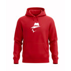 Red hoodie with a head logo on a white background