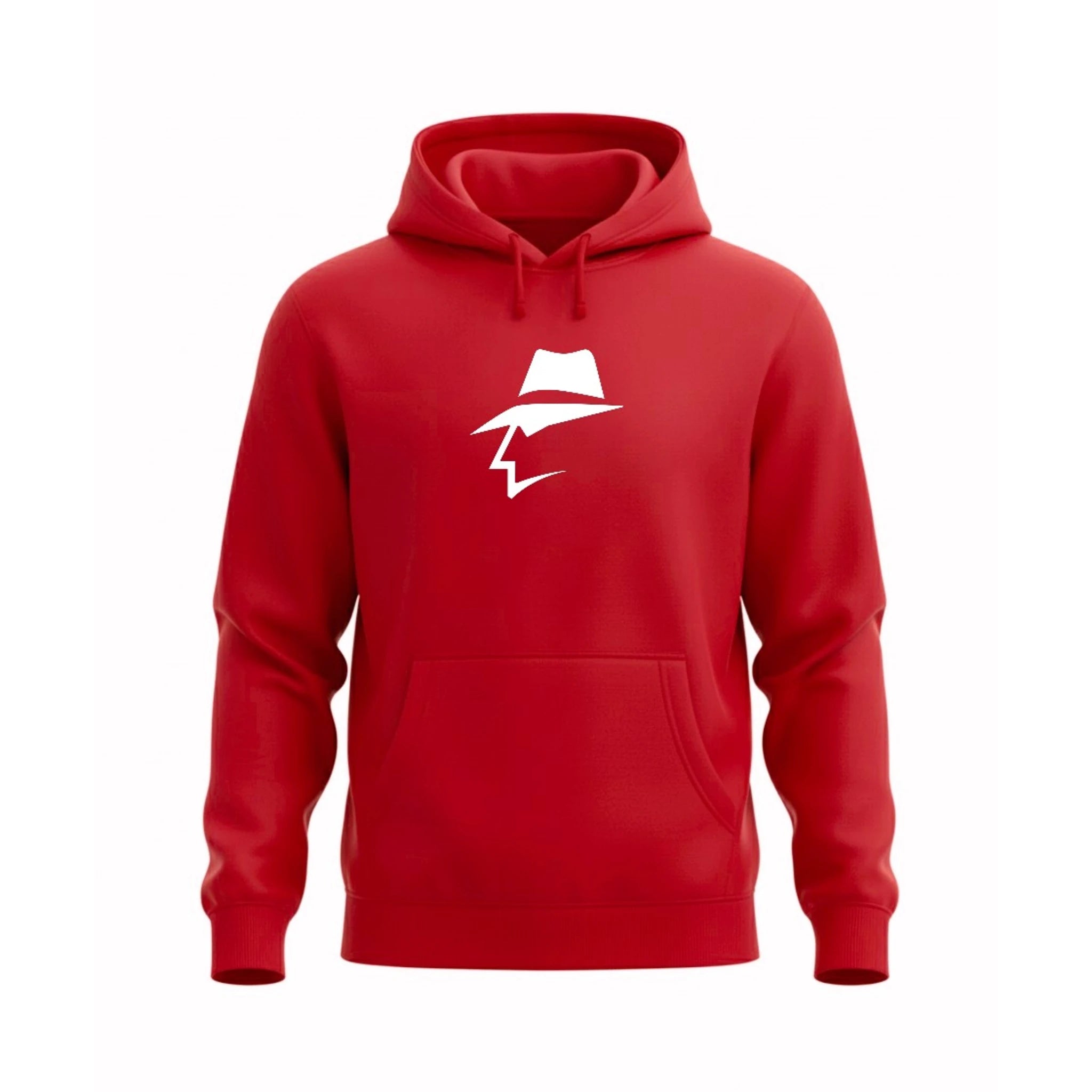 Red hoodie with a head logo on a white background
