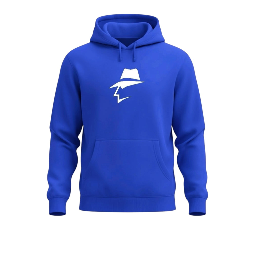 Blue hoodie with a white head logo on a white background