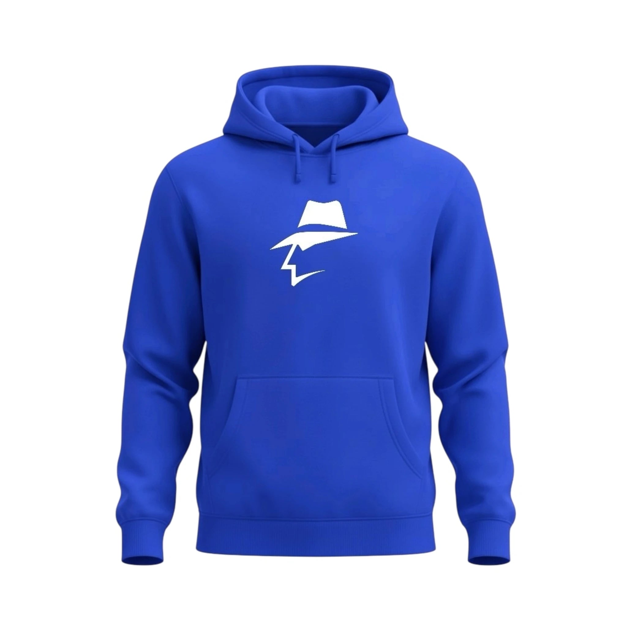 Blue hoodie with a head logo on a white background