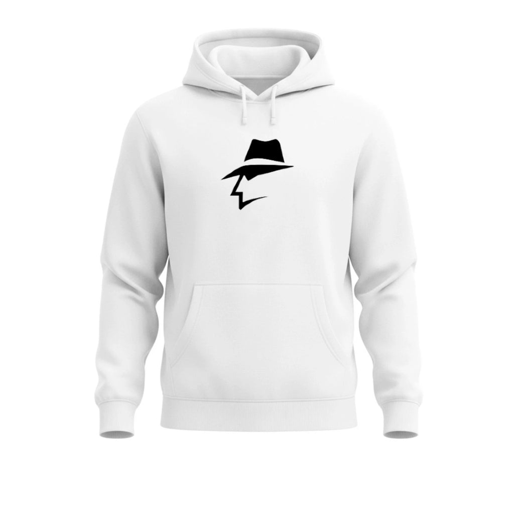 White hoodie with a black head logo on a white background