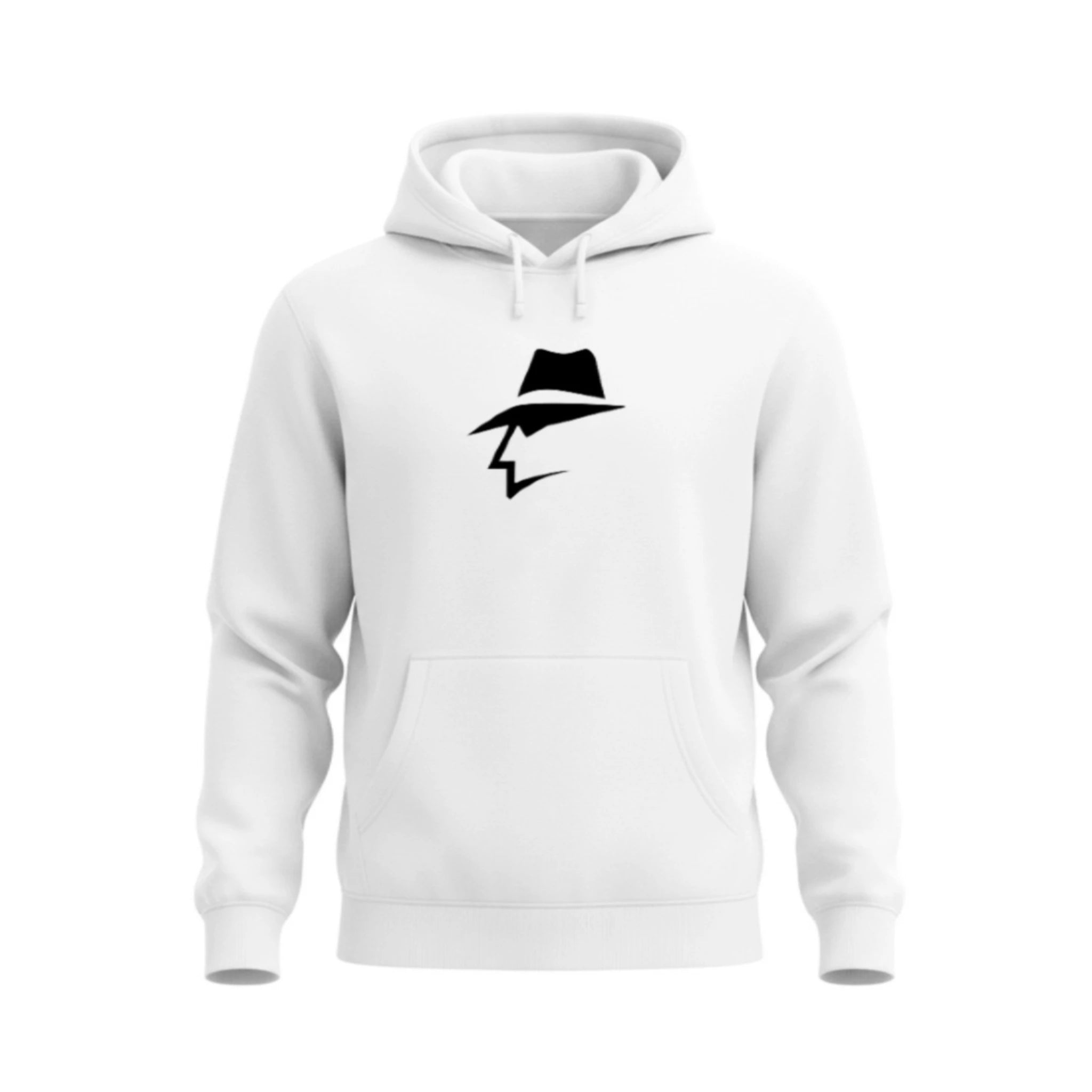 White hoodie with a head logo on a white background