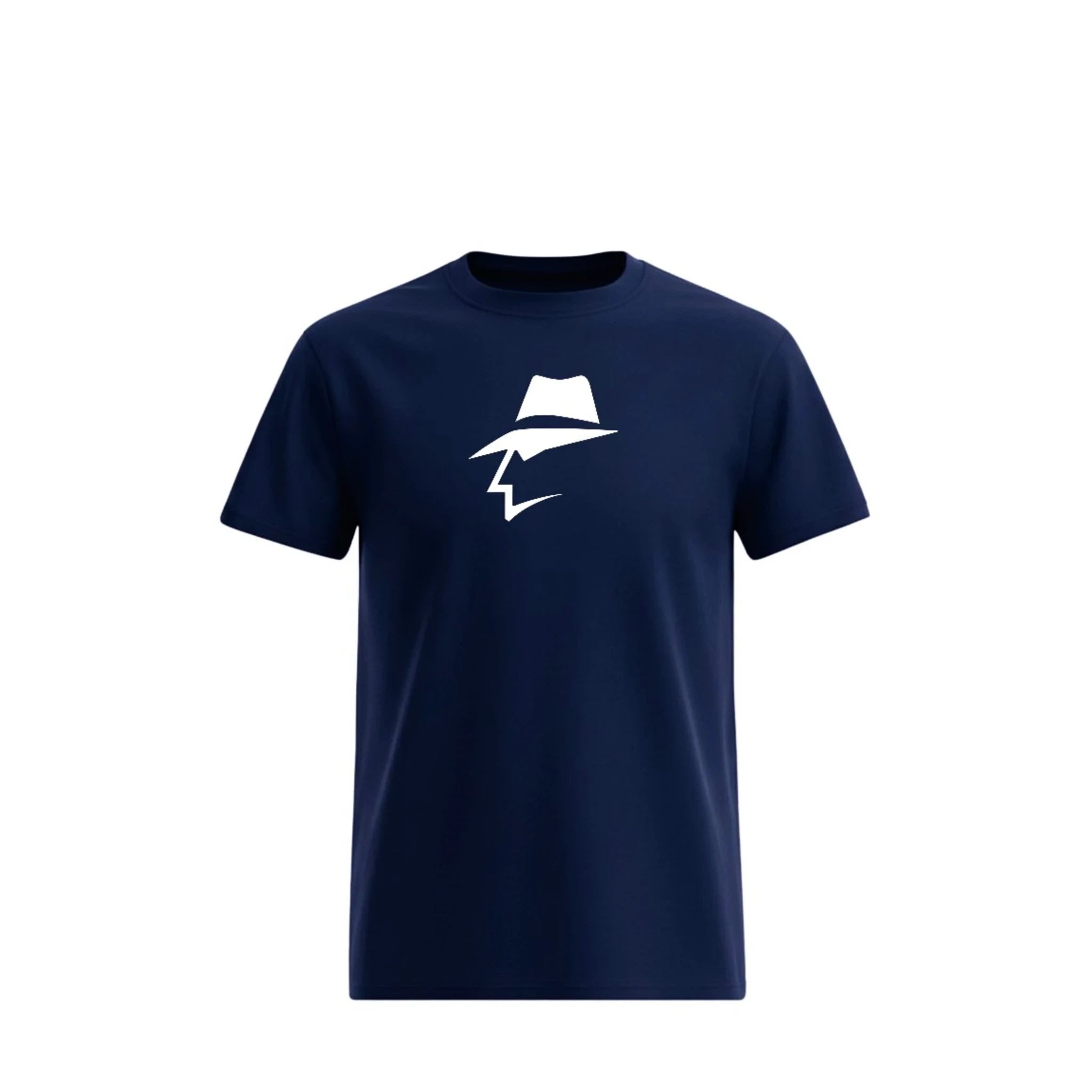 Navy blue t-shirt with a head logo on a white background